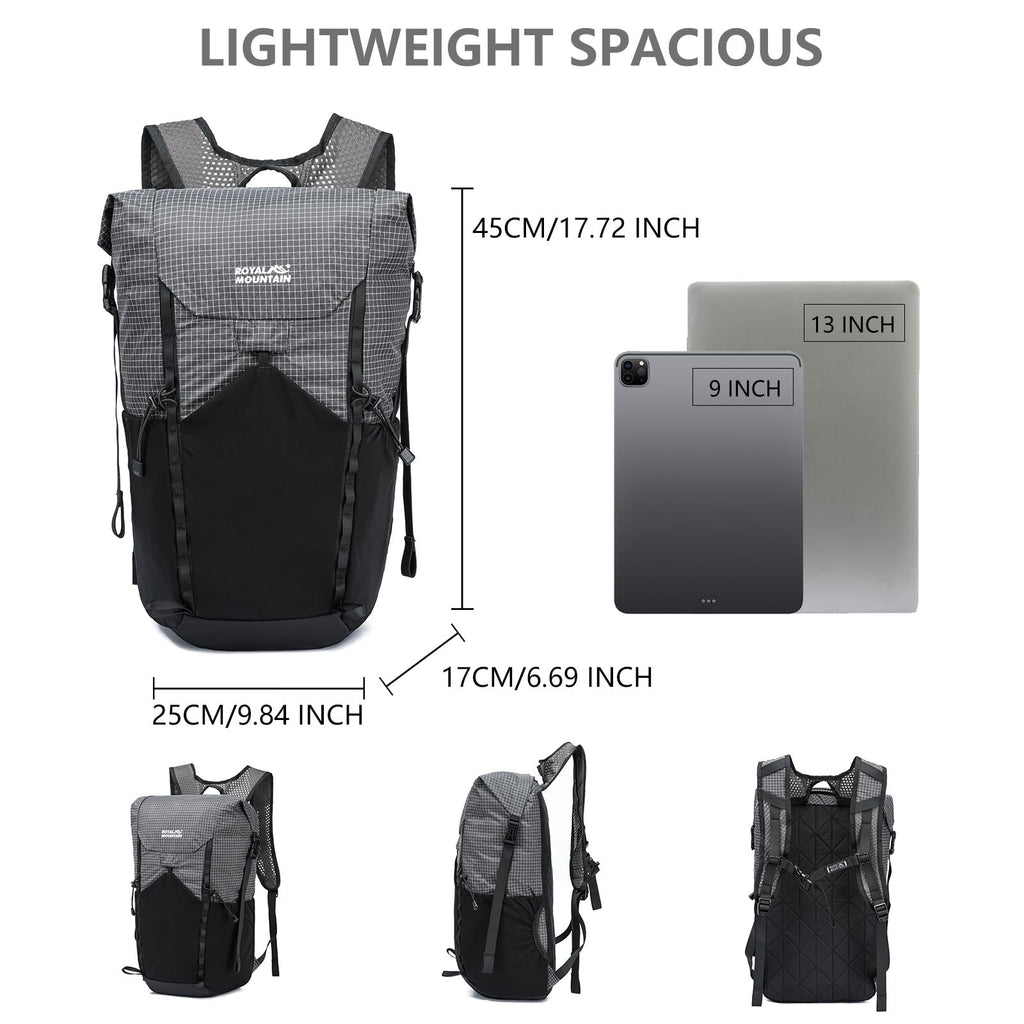 ROYAL MOUNTAIN 20l Hiking Backpack For Women&Men, Water Resistant Daypack Backpacks, Foldable & Packable Hiking Backpack, Lightweight Small Daypack For Travel Camping (Grey)