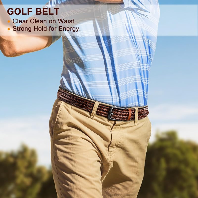 Gift Boxed Leather Belt for Men - 1 3/8" Woven, Holeless, Light Brown, Adjustable