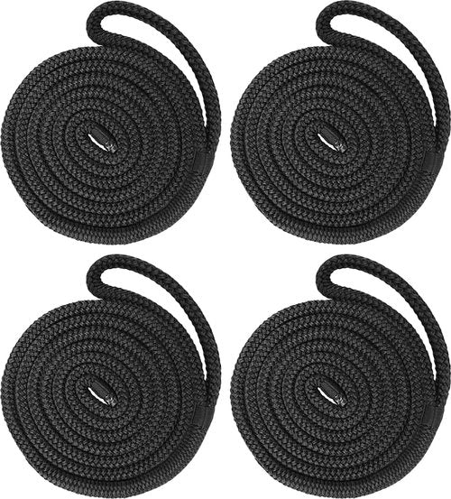 Marine Grade Nylon Boat Fender Lines by [Brand Name] - 4 Pack 1/2" x 6' with 10" Loop for Easy Docking - Fray Resistant & Double Braided - Black