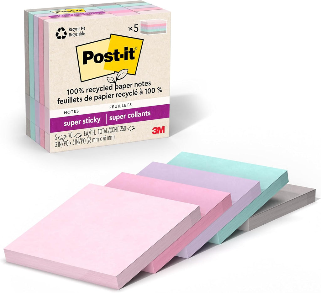 Post-it Super Sticky Notes - 100% Recycled Paper, 3" x 3", 5 Pads in Wanderlust Pastels | Eco-Friendly Office Supplies