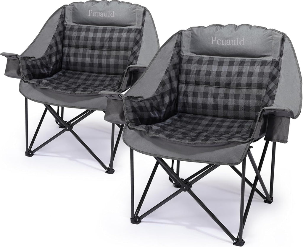 Skiennix Heavy-Duty Camping Chairs - 2 Pack XL Padded Folding Chairs with Cup Holder | Supports 500lbs