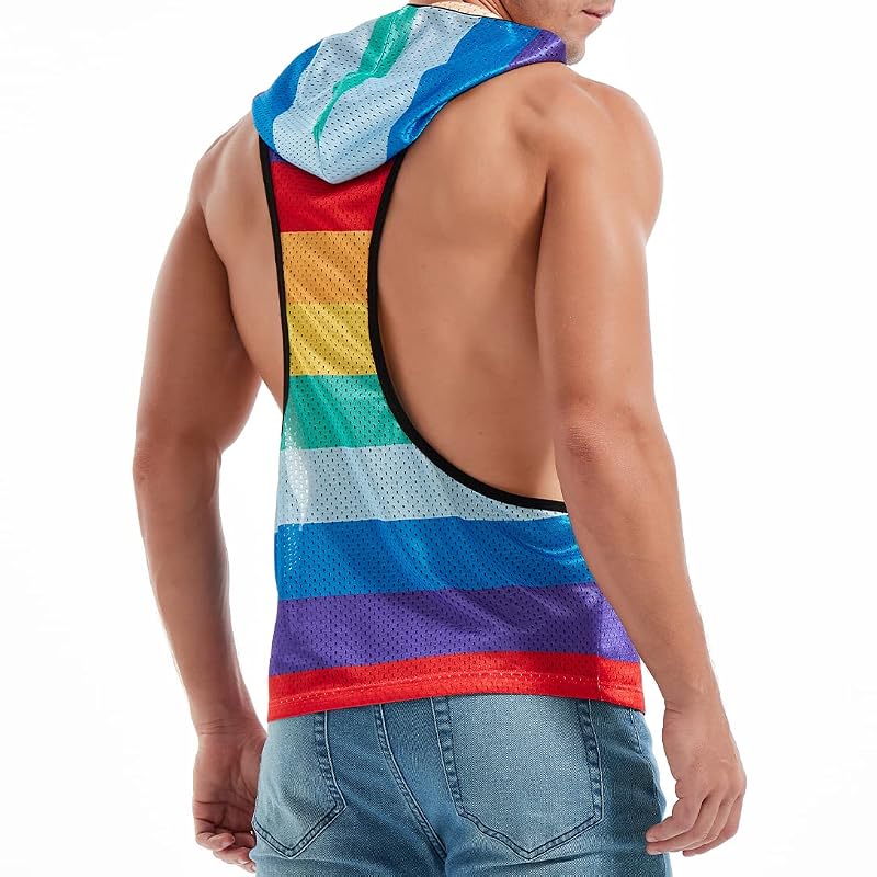 Rainbow X-Large Men’s Sleeveless Hooded Mesh Shirt for Gym & Pride