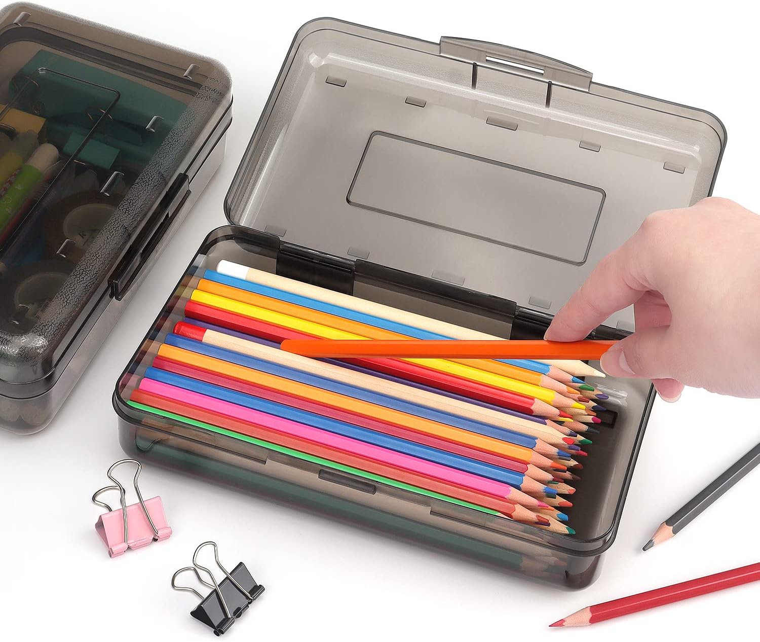 Tamaki Large Capacity Plastic Pencil Box - Clear Snap-Tight Lid & Stackable Design | Stylish Office Organizer, Black