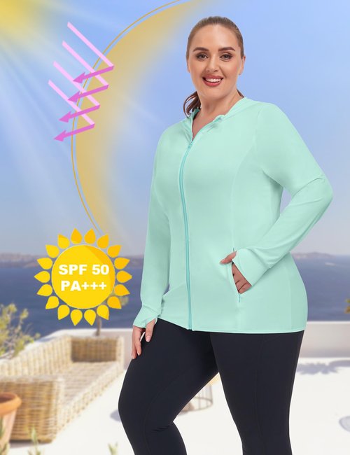 COOTRY Women's Plus Size UPF 50+ Sun Protection Jacket Lightweight Long Sleeve Zip Up Hoodie Cooling Sun Shirt Hiking Workout Green 4XL