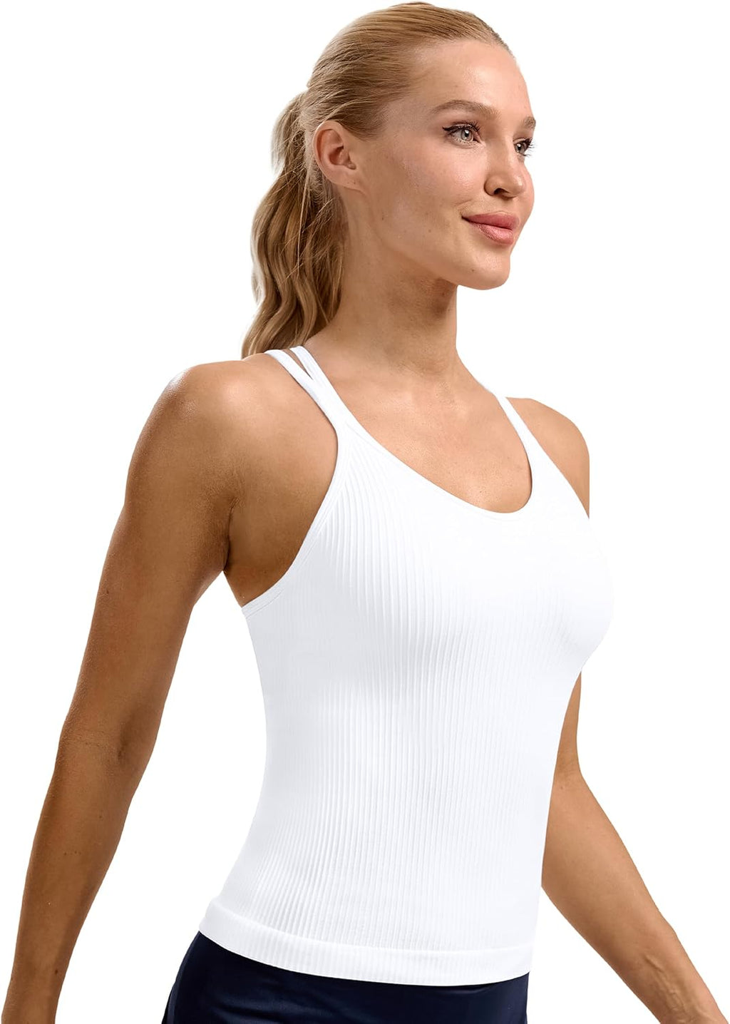 Skiennix Seamless Ribbed Workout Tank - Built-In Bra, V Neck Crisscross Back Yoga Top for Women