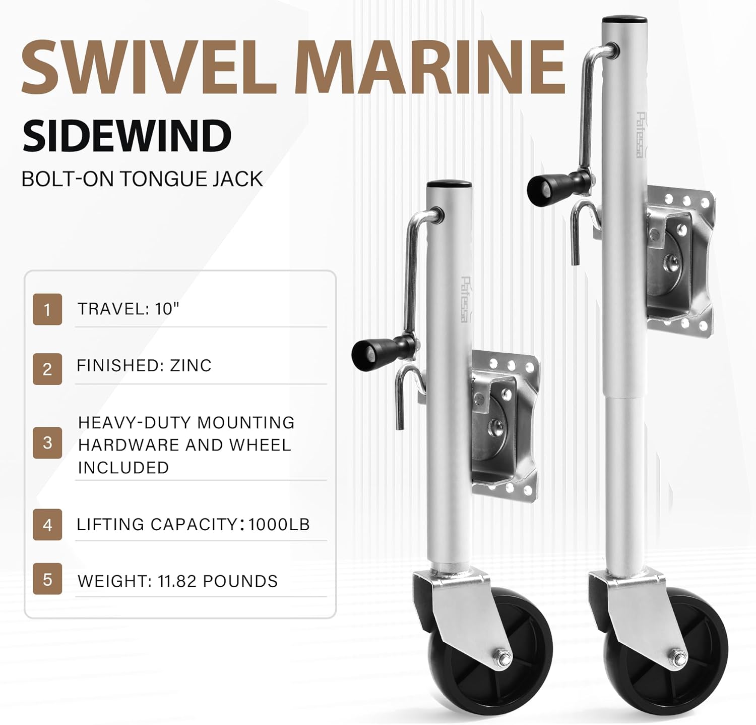 Regine Heavy Duty Trailer Jack - 1000lb Lift Capacity, 10-Inch Sidewind Swivel with Wheel for RV/Boat