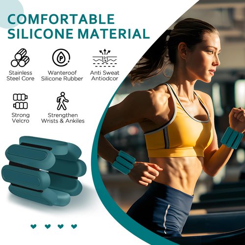 Adjustable Wrist & Ankle Weights Set of 2(1Lbs Each), Premium Silicone Wearable Weight Bracelets, Fits for Yoga, Pilates, Home Gym Workout, Dance, Pool Exercises, Jogging, Cardio, Strength Training (Green)