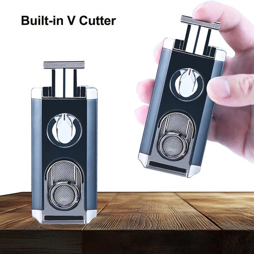 Reetsing Windproof Triple Jet Flame Torch Lighter with Stand – Refillable and Adjustable 3 Flame Lighter with Built-in V-Cut, Quality Gift for Men（Without Butane）