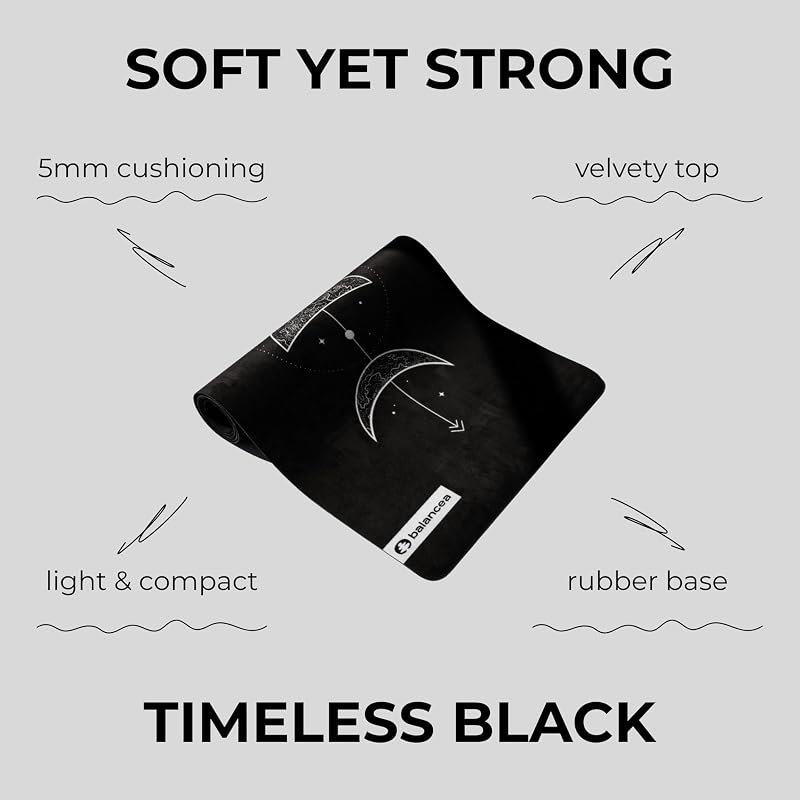 Balancea 5mm Yoga Mat with Strap - Non-Slip Suede Top, Eco-Friendly TPE Base, 72 x 24 in (Black)