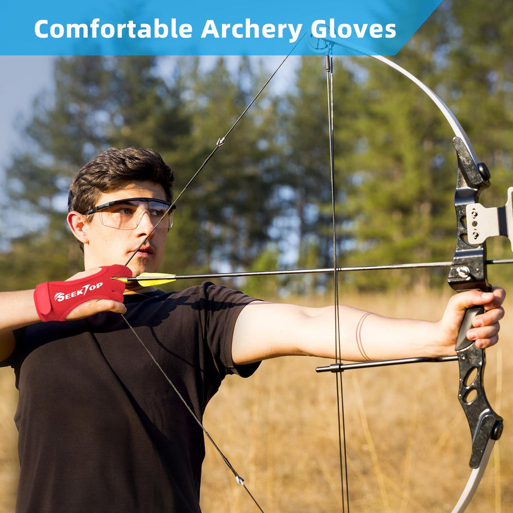 Seektop Archery Gloves Shooting Hunting Leather Three Finger Protector for Youth Adult Beginner (Red, M)