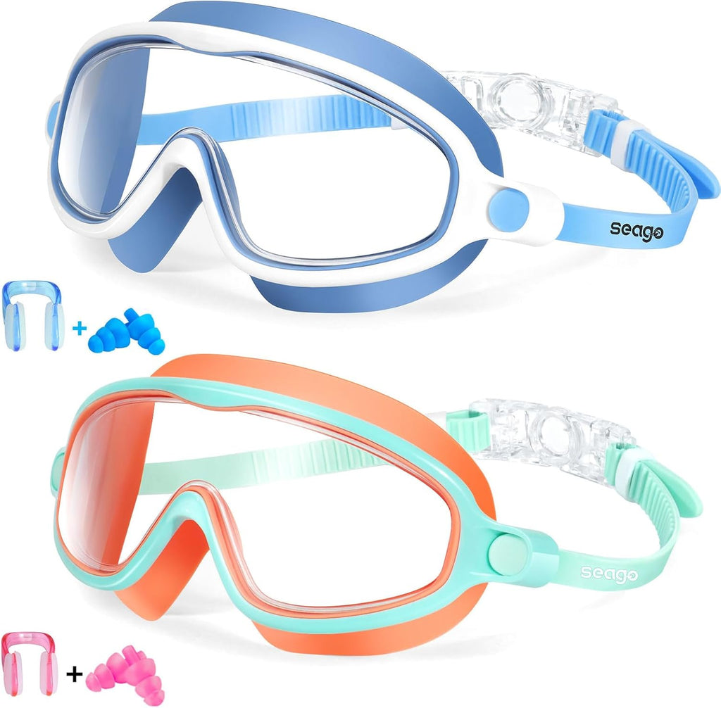 Seago Swim Goggles - Anti-Fog, Anti-UV, Wide View Design | 2 Pack for Kids Ages 3-14