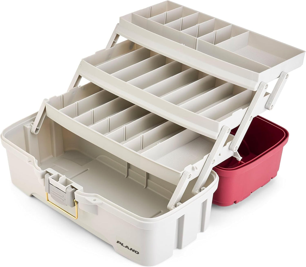 Plano Tackle Box | Three-Tray Salmon Kit with Deep Storage - Maroon/Grey, Rust-Proof Brass Latch