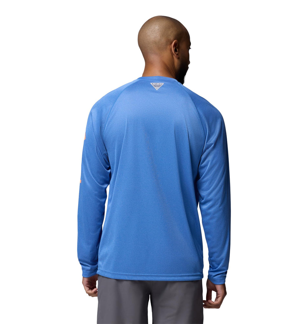 Columbia Men's PFG Terminal Tackle Long Sleeve Fishing Shirt, Vivid Blue Heather/Bright Nectar Logo, 1X