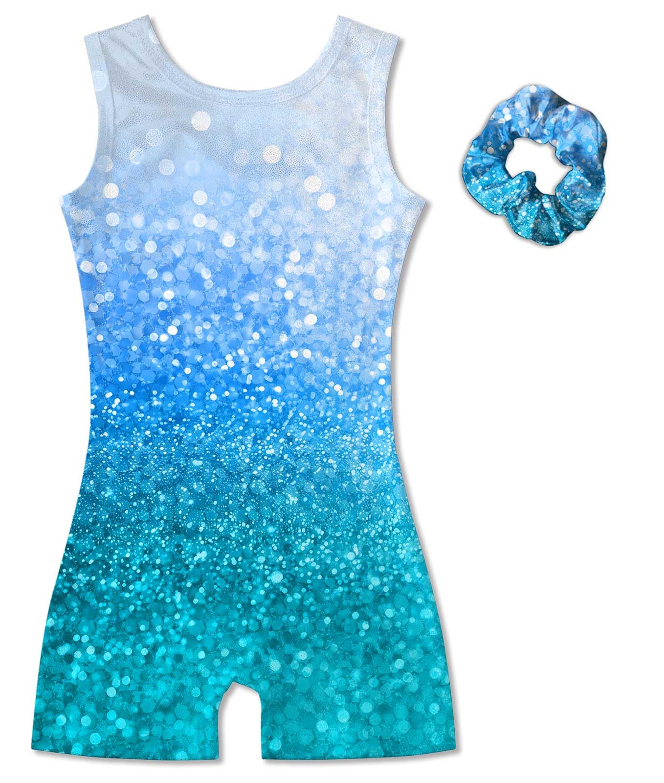 Vogseek Gymnastic Leotards for Girls 4 5 Years Blue Spakle Dots Dance Leotards with Matching Scrunchie 2 Piece Quick Dry Sleeveless Classic Athletic Outfits