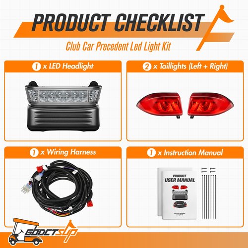 GODCTSUP Golf Cart Headlight and Taillights Kit for Club Car Precedent 2004-Up Electric Models, 12V Club Car Light Kit- OEM# 102524801, 1025290-01, Includes Headlight, Taillights, Wiring Harness