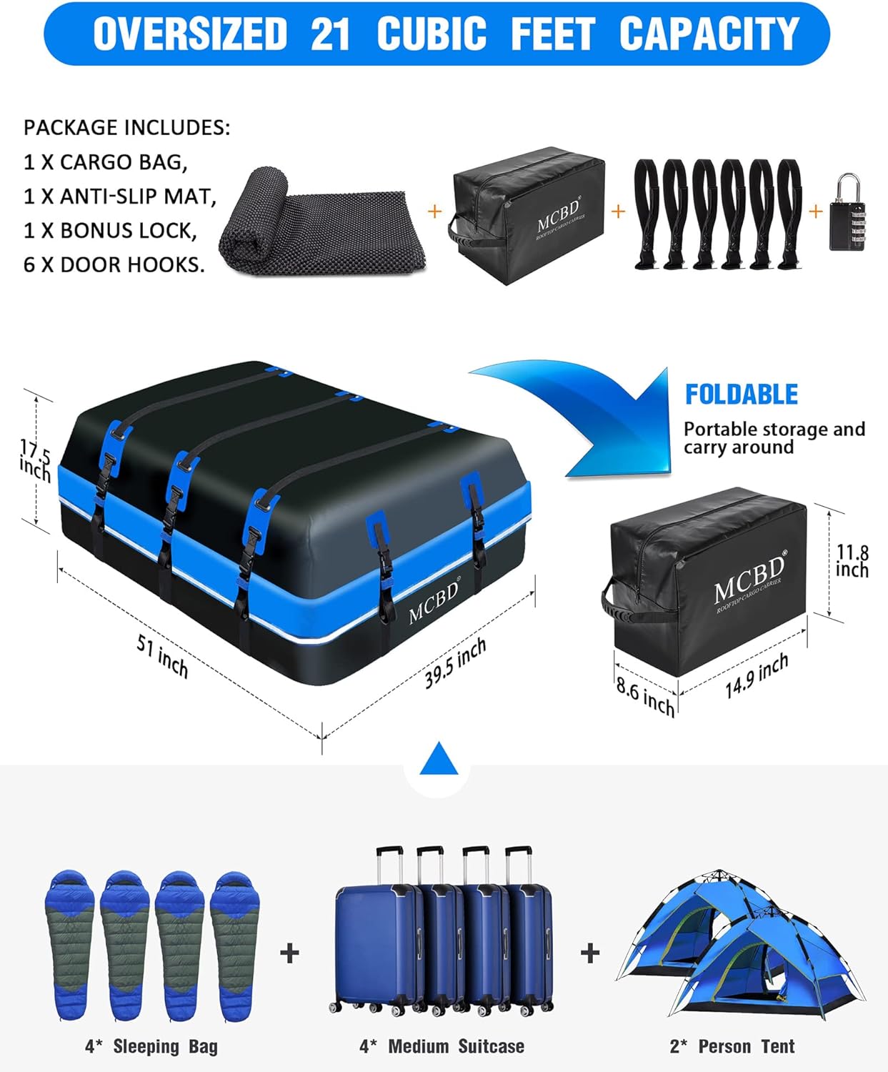 Skiennix Rooftop Cargo Carrier - 21 Cubic Feet Soft-Shell Waterproof Luggage Bag for SUVs | Includes 10 Straps & Anti-Slip Mat