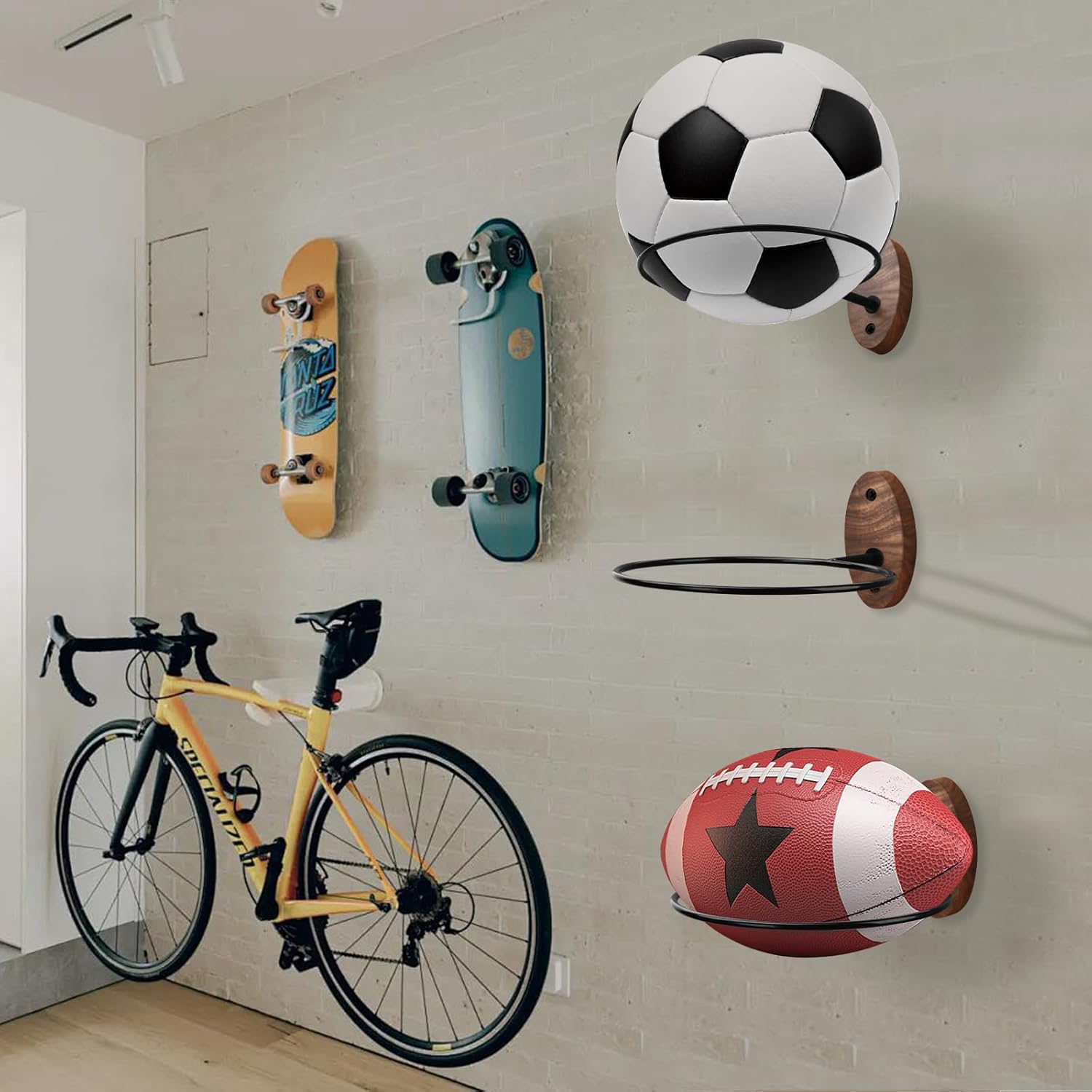 Skiennix Basketball Holder Wall Mount - Stylish Black Walnut Storage for Basketball, Football & More | 4 Pack