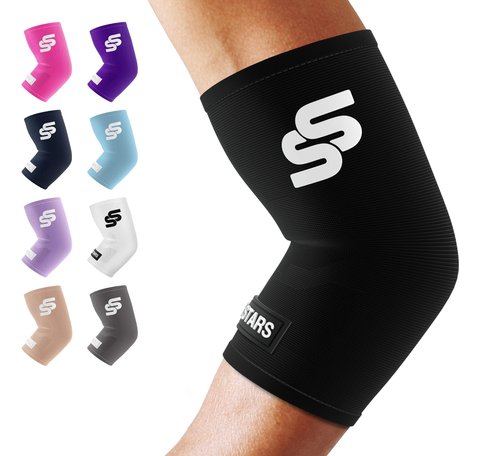 Sleeve Stars Elbow Sleeve for Pain Relief & Protection - Elbow Compression Sleeve for Women & Men - Supportive Elbow Brace for Tendonitis, Recovery & Ideal for Sports, Work (M: 8.5"-10"/Black)