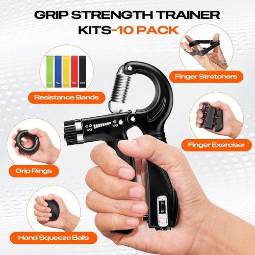Grip Strength Trainer Kit - 10-Pack Adjustable Hand Gripper & Forearm Strengthener with Finger Stretcher, Stress Ball & Bands