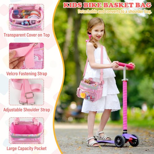 Kids Bike Scooter Front Mount Bike Basket, Pink Cute Fabric Children's Bike Rack Basket Handlebar Bag, with Adjustable Shoulder, with Reflective Safety Straps, for Bicycle Accessories Fit Most Girls