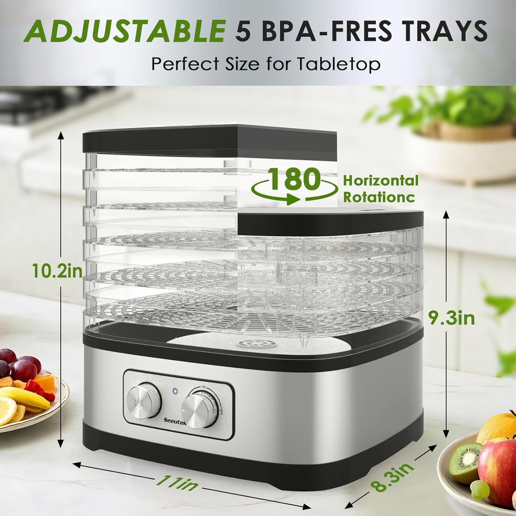 Seeutek Food Dehydrator - 5 BPA-Free Trays with Adjustable Temperature Control | Perfect for Jerky, Fruits, Vegetables, Includes Recipe Book & Storage Bags