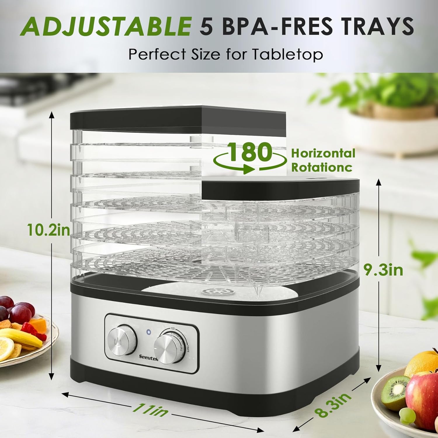 Seeutek Food Dehydrator - 5 BPA-Free Trays with Adjustable Temperature Control | Perfect for Jerky, Fruits, Vegetables, Includes Recipe Book & Storage Bags