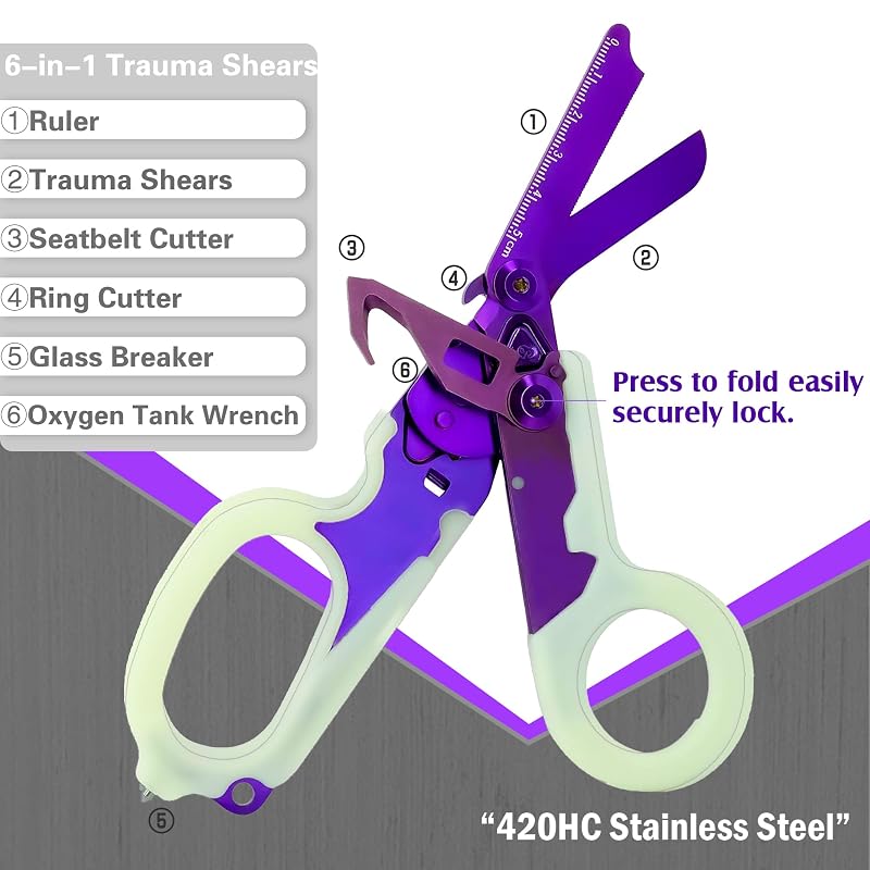 Trauma Shears 6-in-1 Foldable Medical Scissors with Holster, 420HC Steel, Glow Purple - Luminous Purple