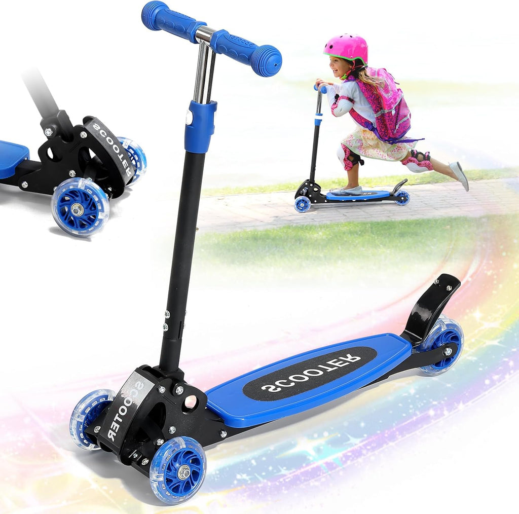 Skiennix Kick Scooter for Kids 3-7 Years - Light-Up Three-Wheel Design, Adjustable Height, Foldable, Stable Dual Rear Wheels