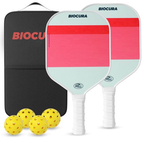 BIOCURA Pickleball Paddles Set of 2 – Durable Fiberglass, Lightweight Pickle Ball Rackets 2pack with 4 Outdoor Balls & Carry Bag – Outdoor Game for Women, Men & Beginners(Pink White)