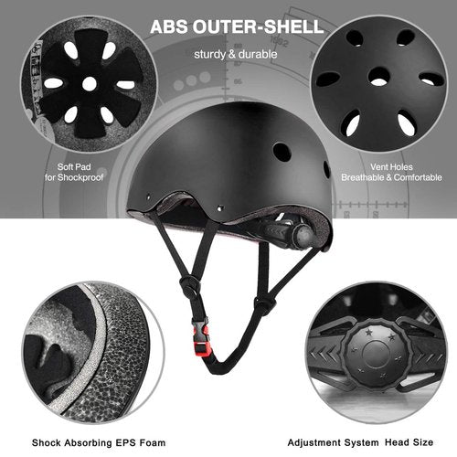 Besmall Adjustable Skateboard Skate Helmet with Protective Gear Knee Pads Elbow Pads Wrist Pads for Youth Outdoor Sports, BMX, Skateboard, Scooter, Bike, Roller, Kid's Protective Gear Set Black L
