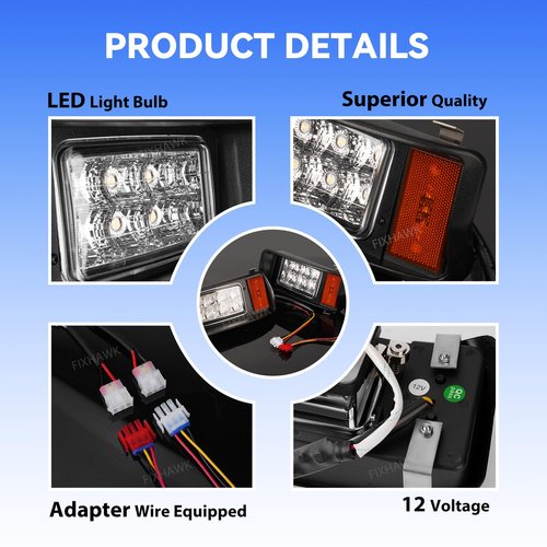 FIXHAWK Club Car DS LED Headlight Kit, Original Style Head Light Kit with Adapter Wire for 12 Volt Club Car DS 1993-Up Golf Cart, Replace OEM # 101988002 101988001