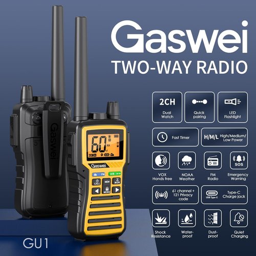 Gaswei GU1 Long Range Walkie Talkies - 2 Way Radio with 60 Channels, NOAA Alert & SOS | Yellow