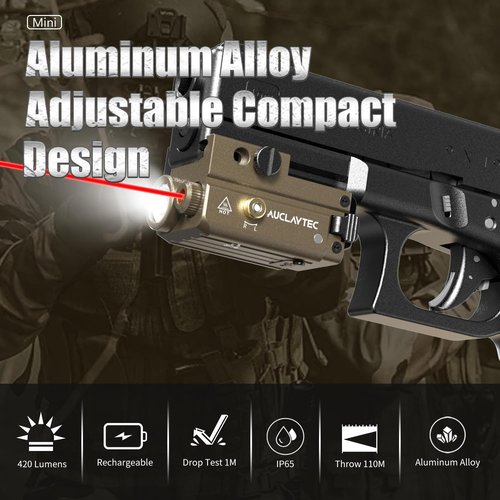 AUCLAYTEC Pistol Flashlight Red Laser Combo 420 Lumens Pistol Light Recharge Tatical Flashlight Fits for Picatinny MIL-STD-1913 Rail, Fits for Glock (with Built-in Battery)