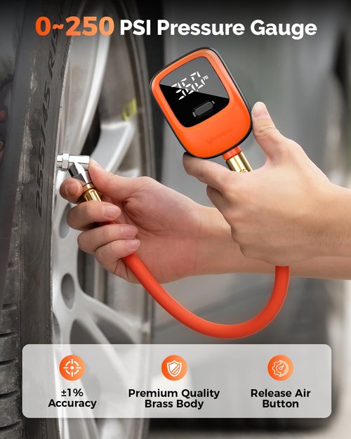 ETENWOLF T600 Digital Tire Pressure Gauge - High Precision 0-250 PSI with Rubber Hose & Replaceable Batteries