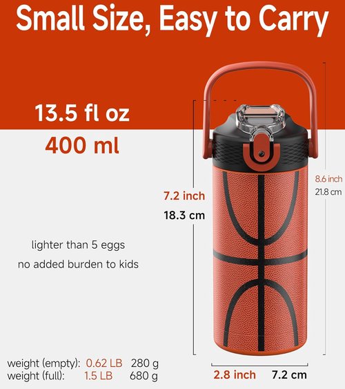 MYFOREST Insulated Kids Water Bottle - 14oz/400ml, Odor-Free Liner, Dishwasher-Safe, Soft Sipper, Basketball Gift