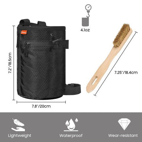 MoKo Climbing Chalk Bag with Chalk Brush, Waterproof Nylon Bouldering Chalk Bag Bucket with 2 Large Zippered Storage Pockets Drawstring Closure Adjustable Belt Chalk Bag for Climbing Gymnastics, Black
