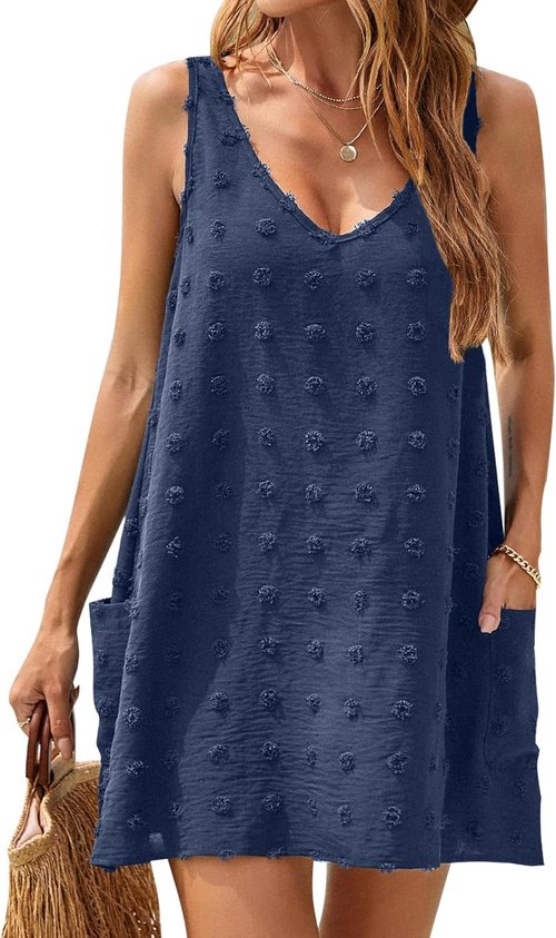 Blooming Jelly Womens Casual Sun Summer Dresses Swiss Polka Dot Beach Cover Up V Neck Tank Dress with Pockets