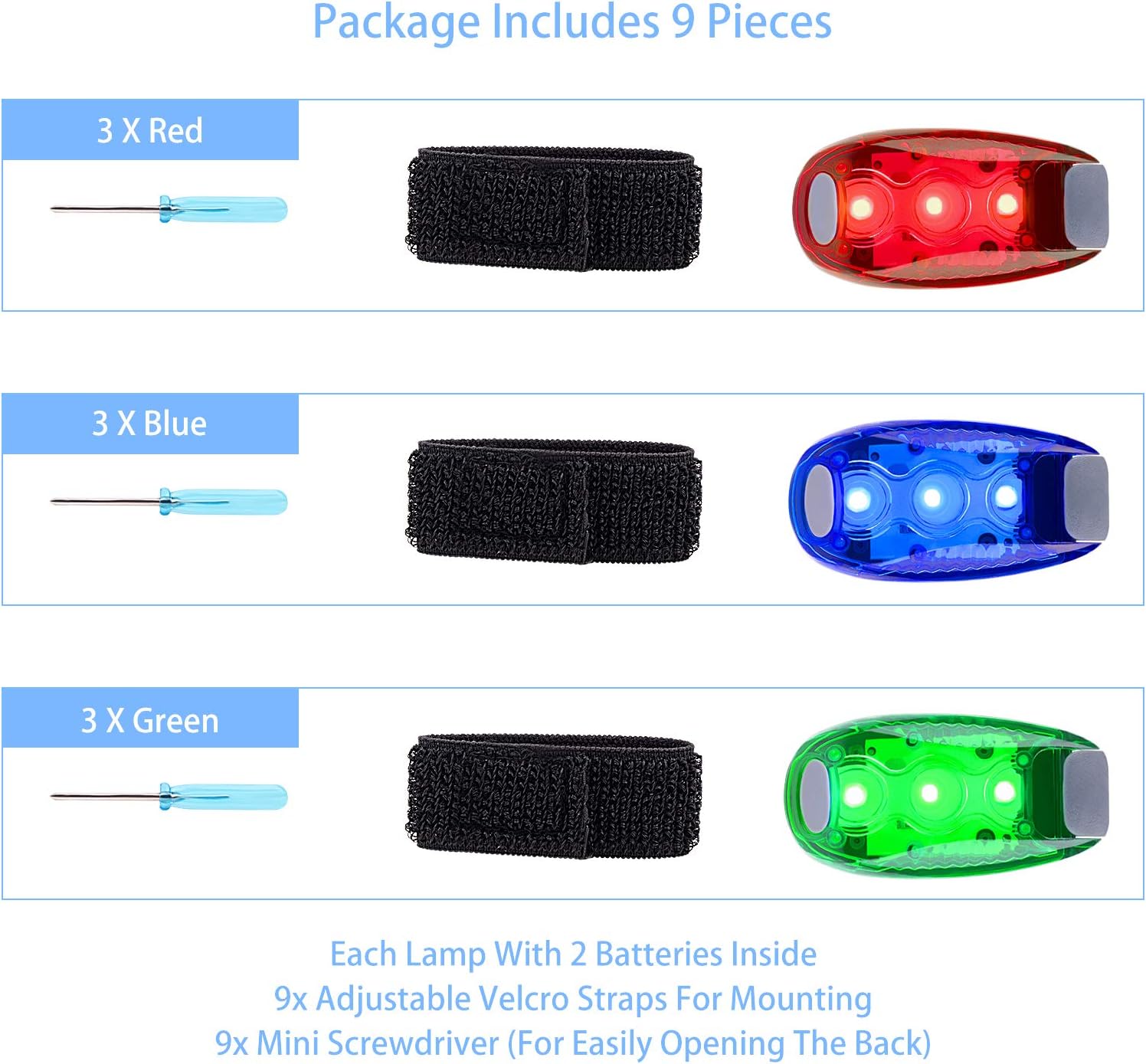 Skiennix LED Safety Lights - High Visibility Strobe Lights for Running & Biking | 9 Pack (Red/Blue/Green)