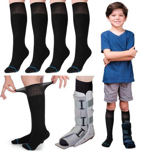 ShinyMatch 4 Pairs Kids Replacement Sock Liner for Walking Boots Cast Socks Compatible with Aircast Walker Brace for Kids(Black)