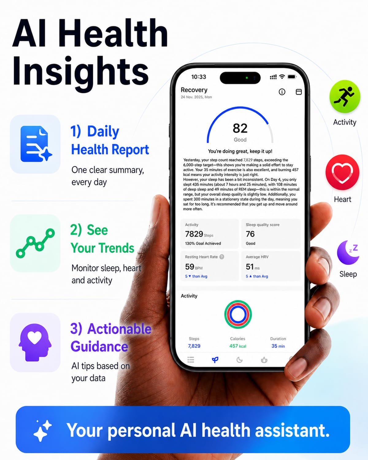 HOU AI Smart Ring for Men & Women, No Subscription Health Tracker Ring & Sleep Tracker Ring, AI Recovery, Heart Rate, SpO2, 5ATM Waterproof Ceramic Black w/Charging Case, Size 10