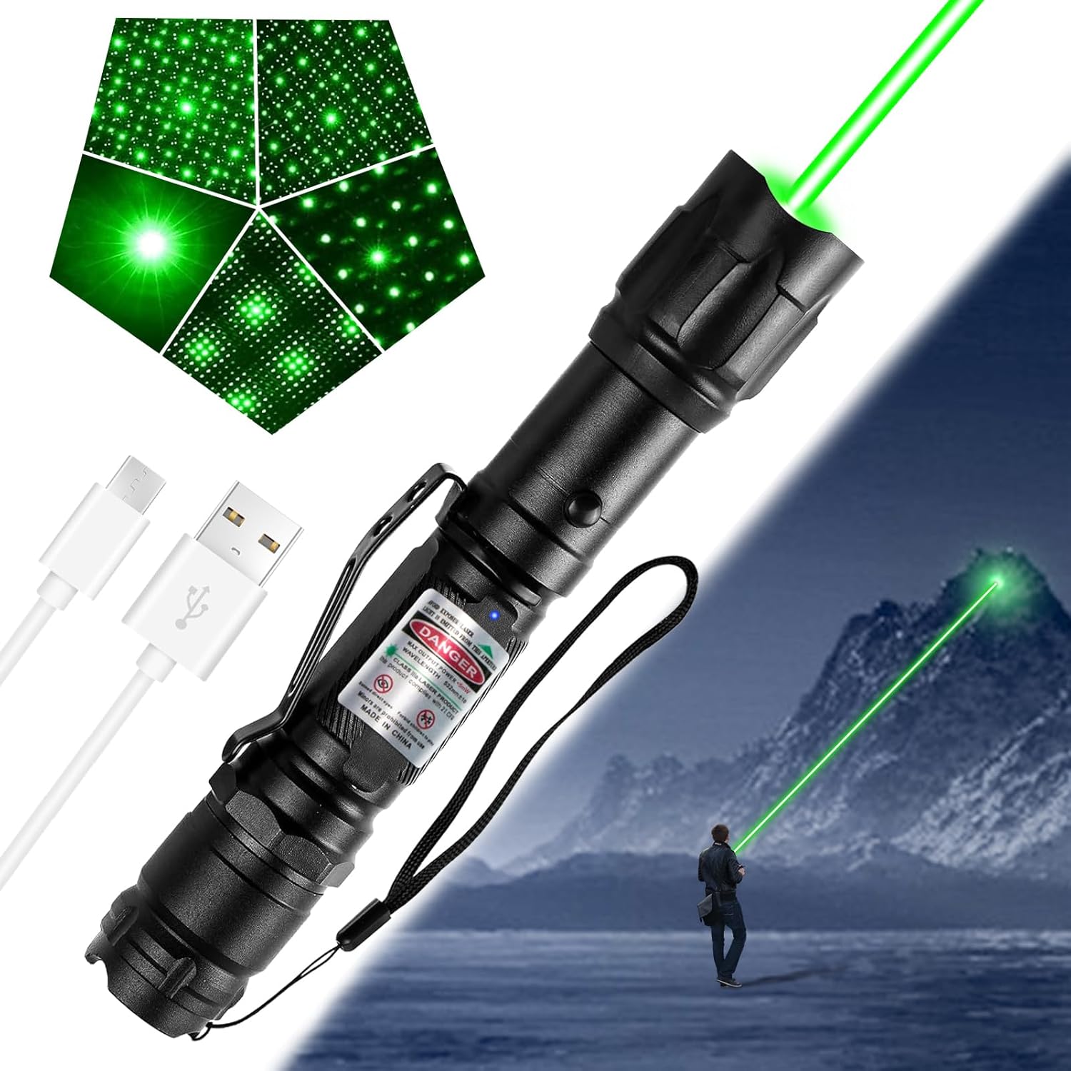 Skiennix Rechargeable Green Light Flashlight - Long Range Adjustable Focus for Outdoor Use & Presentations
