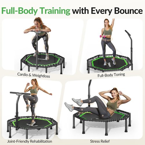 BCAN BT3 51" Octagonal Rebounder Trampoline for Adults, 450LBS Max Load Fitness Trampoline with Large Jumping Area, Silent Bungee Mini Trampoline with T-Adjustable Handle for Home Gym