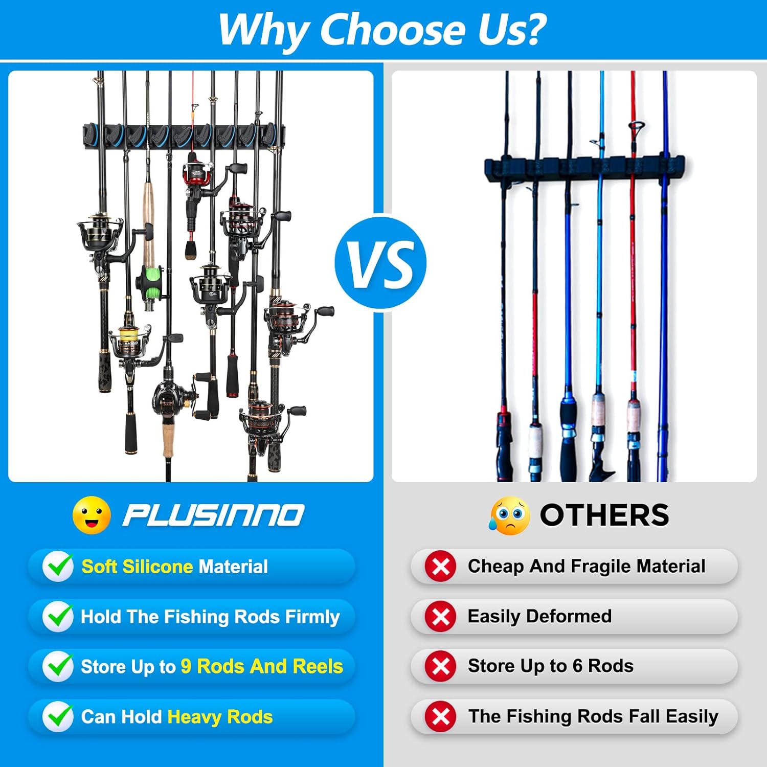 PLUSINNO Fishing Rod Rack - Wall Mounted Holder for Up to 36 Rods | 4-Pack Fishing Gear Storage
