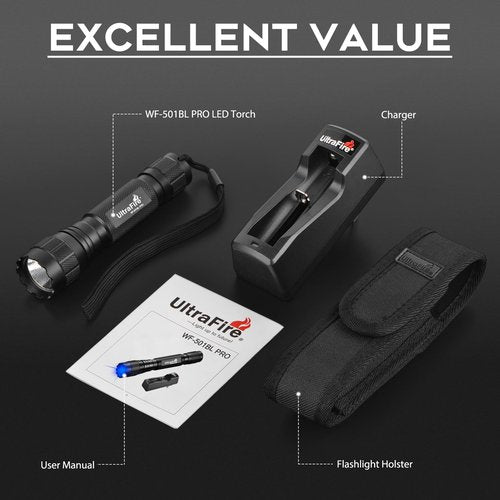 ULTRAFIRE Blue Light Flashlight, 450-460nm Single Mode Blue Led Flashlight, 10W High Power Small Portable Blue Light for Night Fishing and Outdoor Activities-Black House WF-501BL PRO