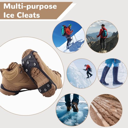 2 Pairs Ice Cleats for Shoes and Boots,Universal 8 Steel Studs Crampon Ice & Snow Grippers for Winter Hiking Climbing Ice Fishing,Anti-Slip Spikes for Shoes