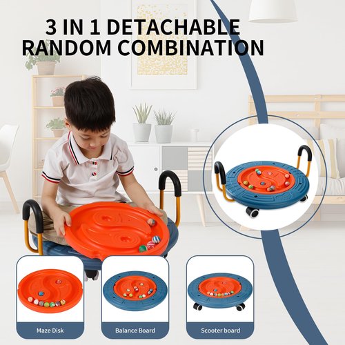 3-In-1 Balance Scooter Board for Kids，Plastic Wobble Balance Board Rocker Maze with Handles, 5 Balls, Toddler Floor Scooter Boards for Sensory Training, Physical Therapy (Blue)