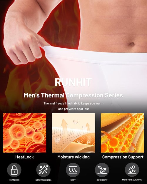 Runhit Long Johns for Men Thermal Pants with Fly Long Thermal Underwear Winter Cold Weather Fleece Thermal Bottoms, White, Medium