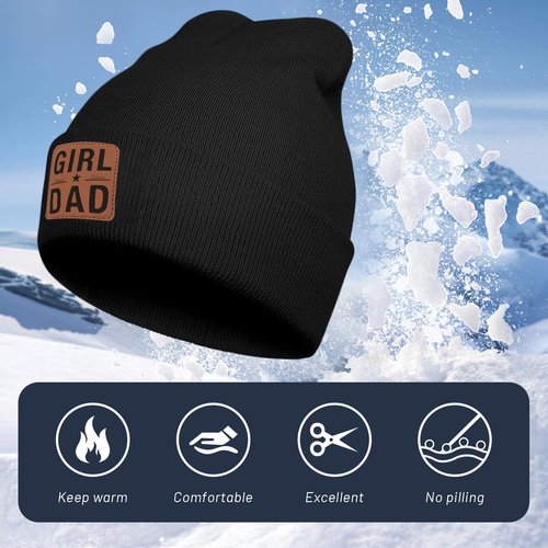 Girl Dad Gifts for Men - Dad Beanie Hat from Daughter for Christmas Birthday Winter Warm Knit Hat with Leather Patch