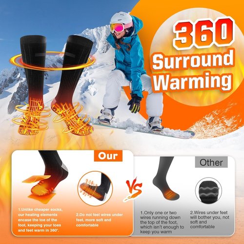 Heated Socks for Men Women,Battery Heated Socks with 3 Heating Levels, 360°Heating Warming,Washable Foot Warmer for Camping Fishing Skiing Skating Hiking Outdoor Work