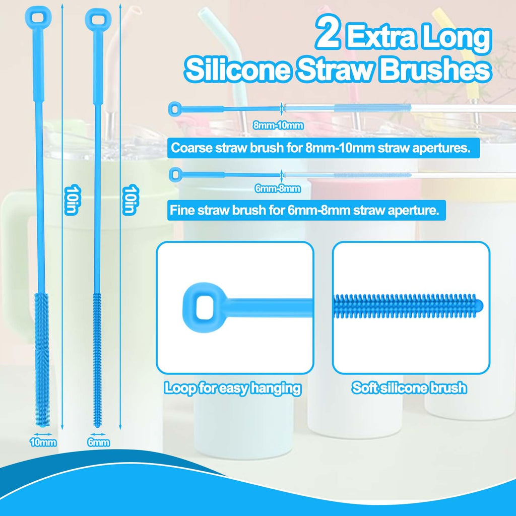 XANGNIER Silicone Straw Cleaner Brush,2 Pcs Reusable Extra Long Straw Cleaner Brush for Cleaning Plastic Metal Stainless Steel Glass Boba Clear Smoothie Travel Drinking Straws,Straw Cover